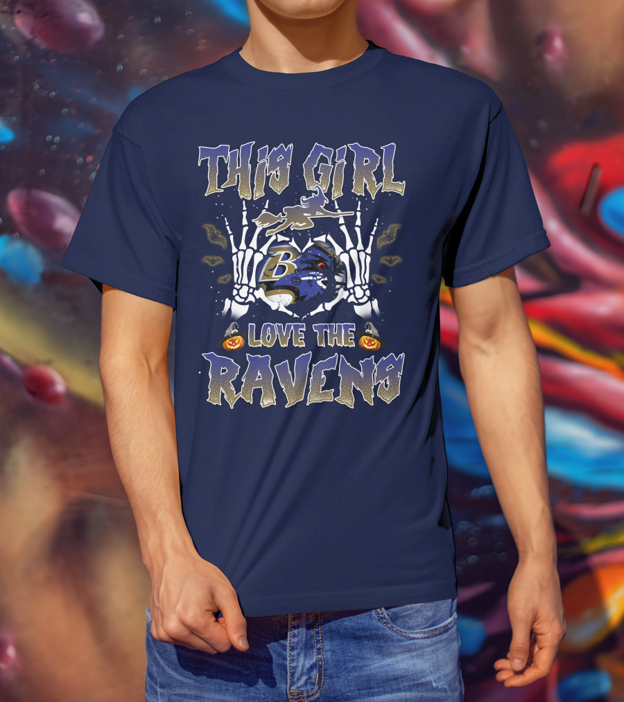 This Girl Loves The Baltimore Ravens 80 Halloween Skeleton Theme T-Shirt