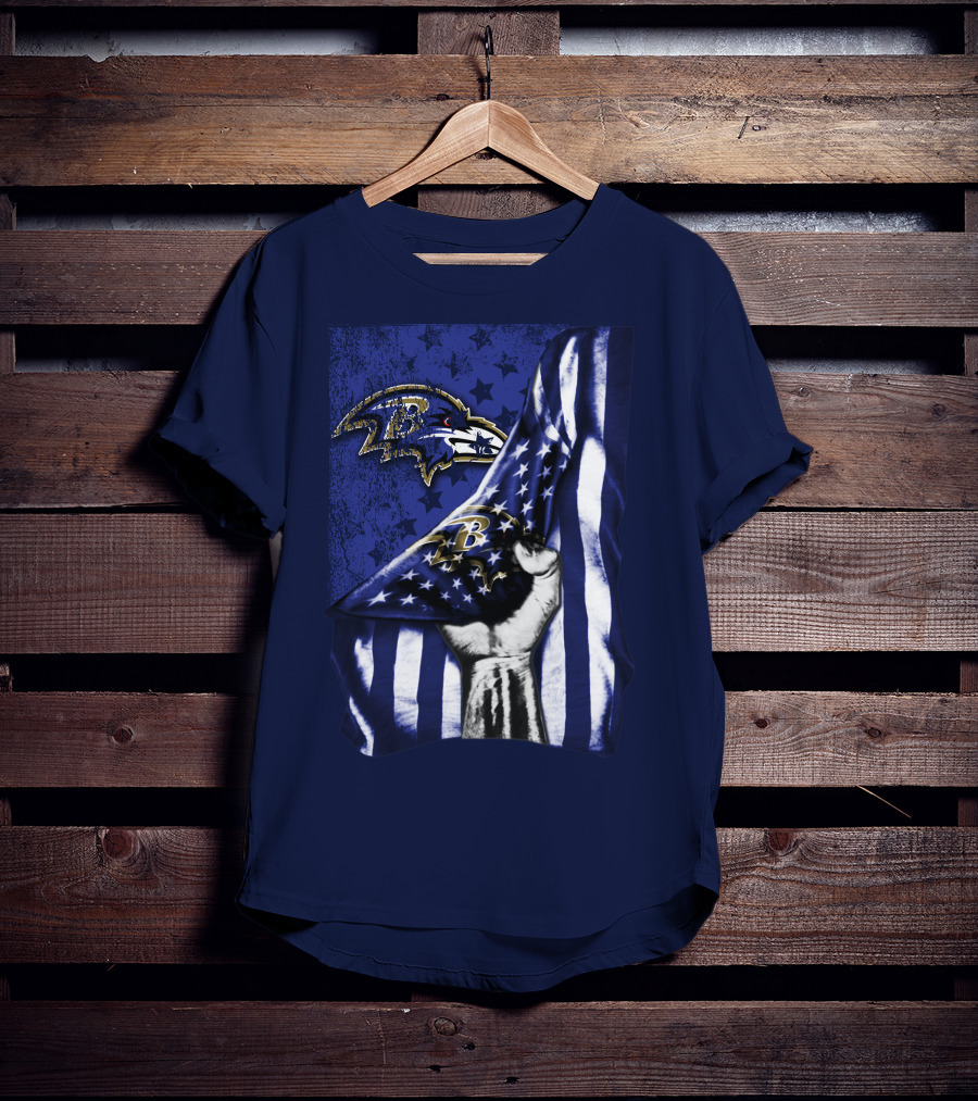 Fist Holding American Flag With Baltimore Ravens Logo And Stars T-Shirt