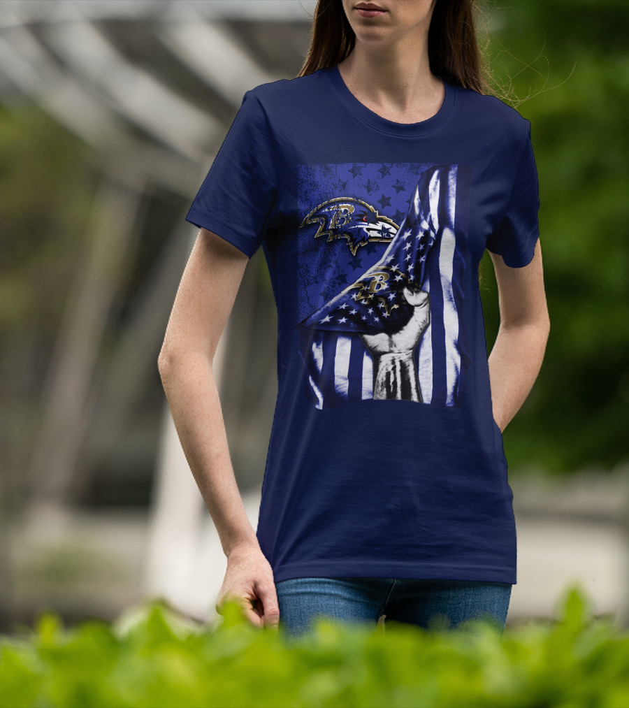 Fist Holding American Flag With Baltimore Ravens Logo And Stars T-Shirt