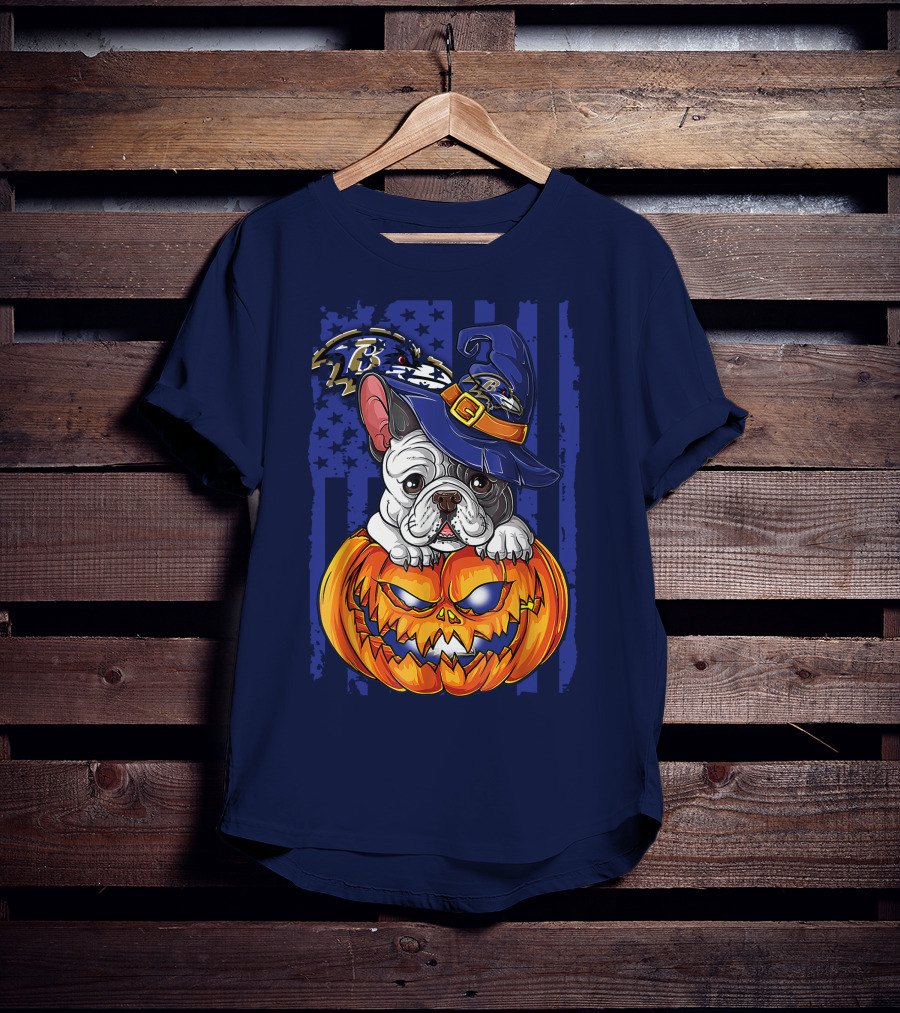 Bulldog In Wizard Hat On Jack-o'-Lantern With Baltimore Ravens T-Shirt