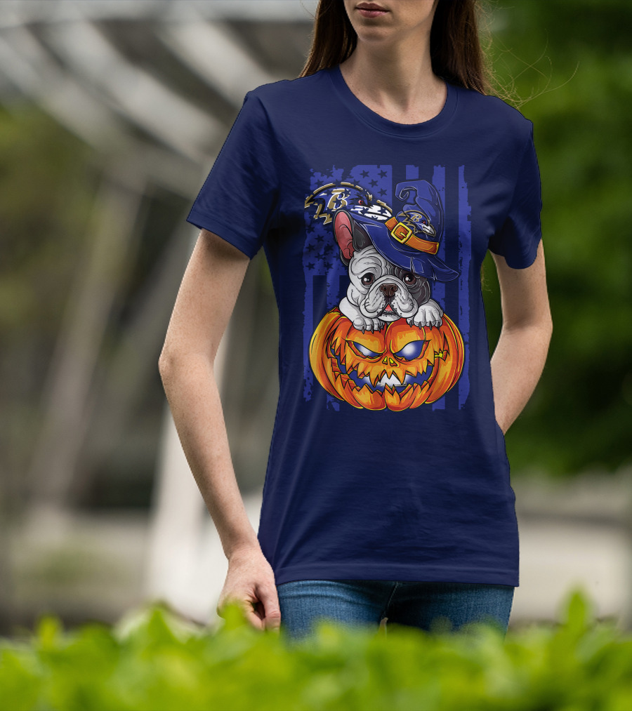 Bulldog In Wizard Hat On Jack-o'-Lantern With Baltimore Ravens T-Shirt
