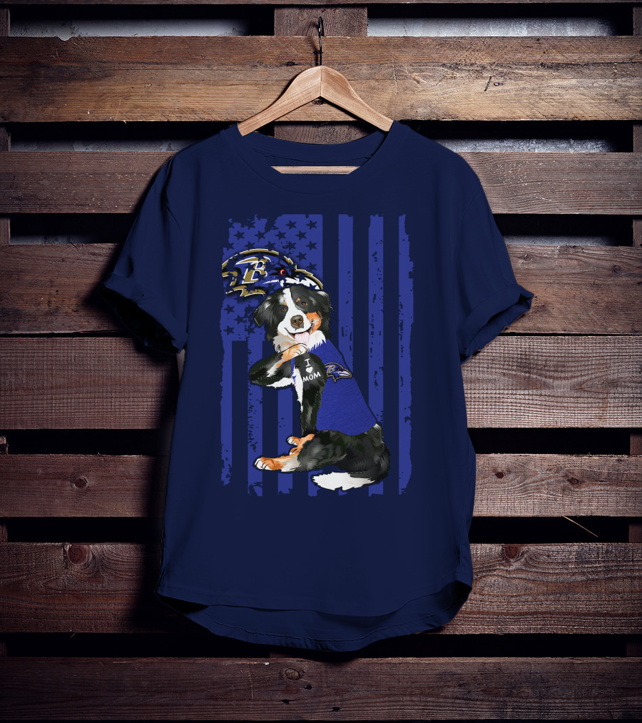 Border Collie Wearing Baltimore Ravens Gear With I Love Mom Tattoo T-Shirt