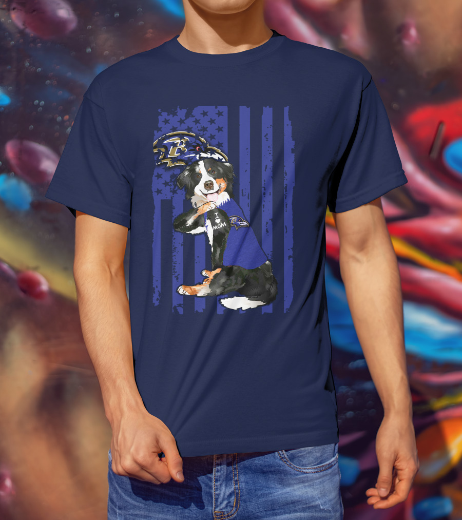 Border Collie Wearing Baltimore Ravens Gear With I Love Mom Tattoo T-Shirt