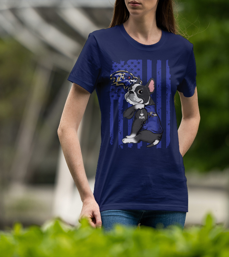 Boston Terrier I Love Mom Baltimore Ravens Flag T-Shirt