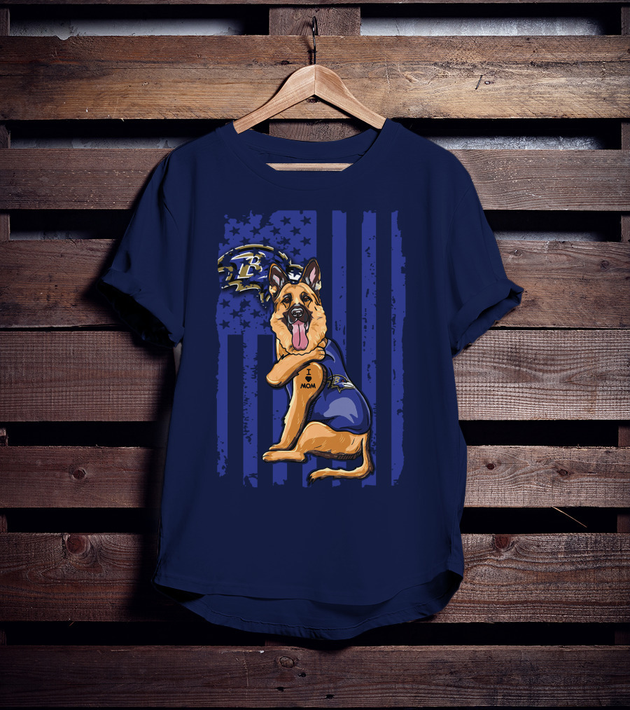 German Shepherd Illustrated With Baltimore Ravens NFL Symbol And I Love Mom Tattoo T-Shirt