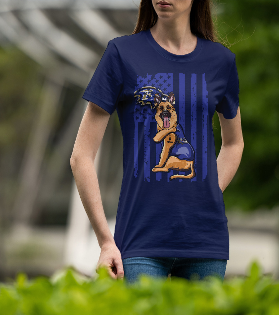 German Shepherd Illustrated With Baltimore Ravens NFL Symbol And I Love Mom Tattoo T-Shirt