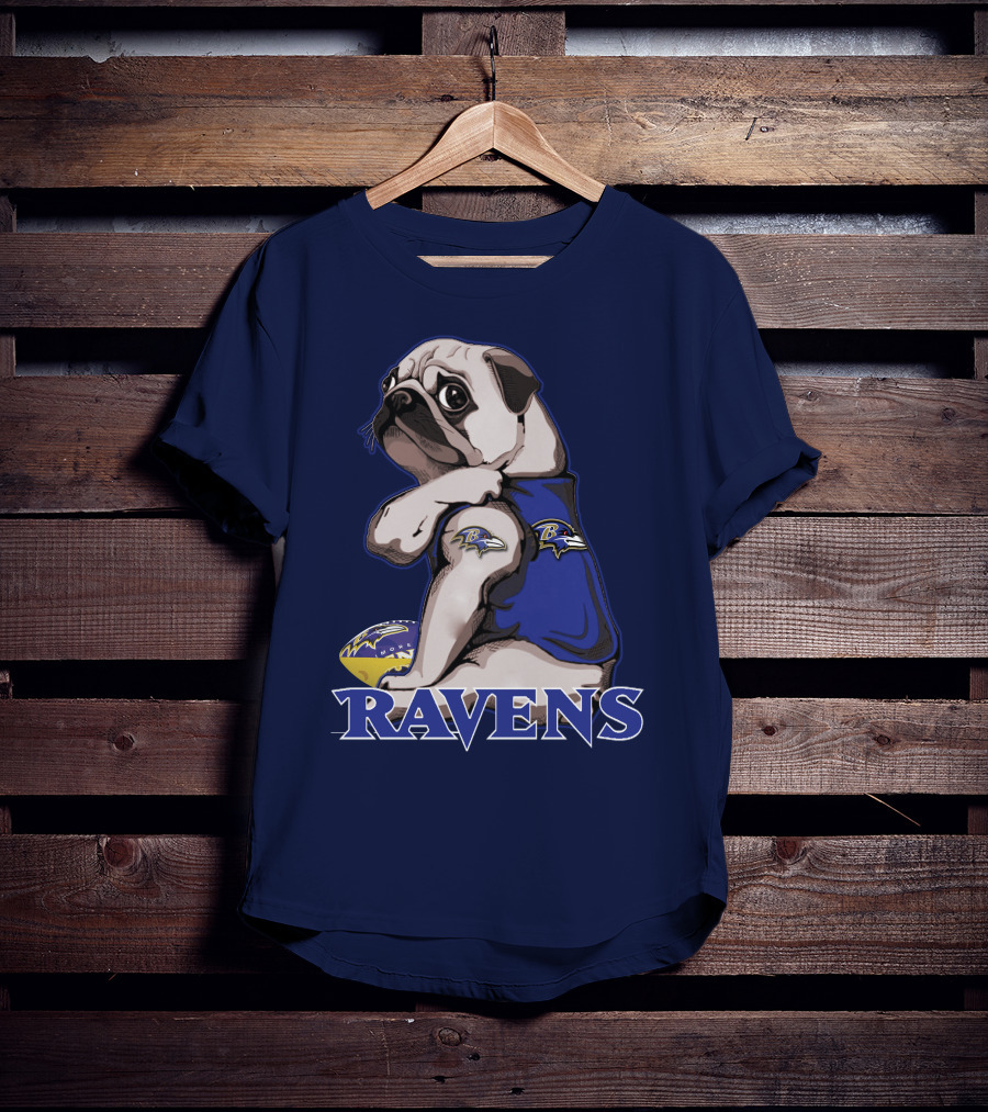 Pug Wearing Baltimore Ravens Football Jersey With Ravens Logo And Football T-Shirt