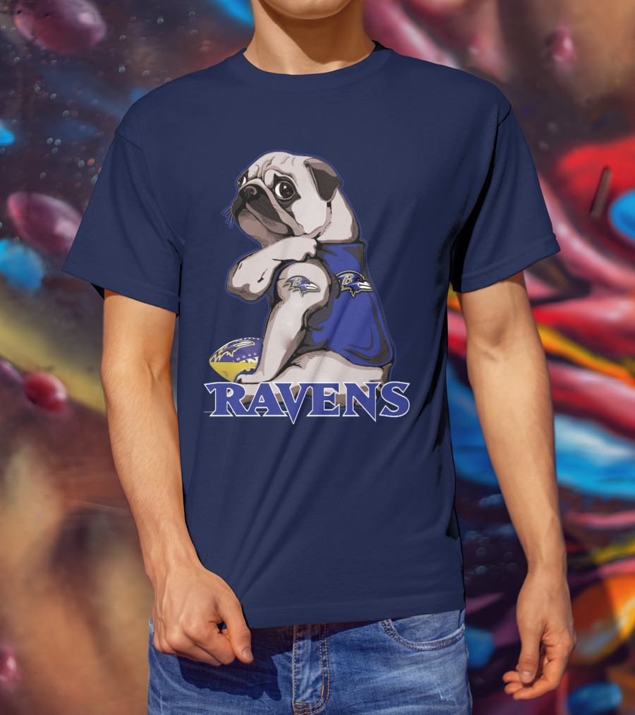 Pug Wearing Baltimore Ravens Football Jersey With Ravens Logo And Football T-Shirt