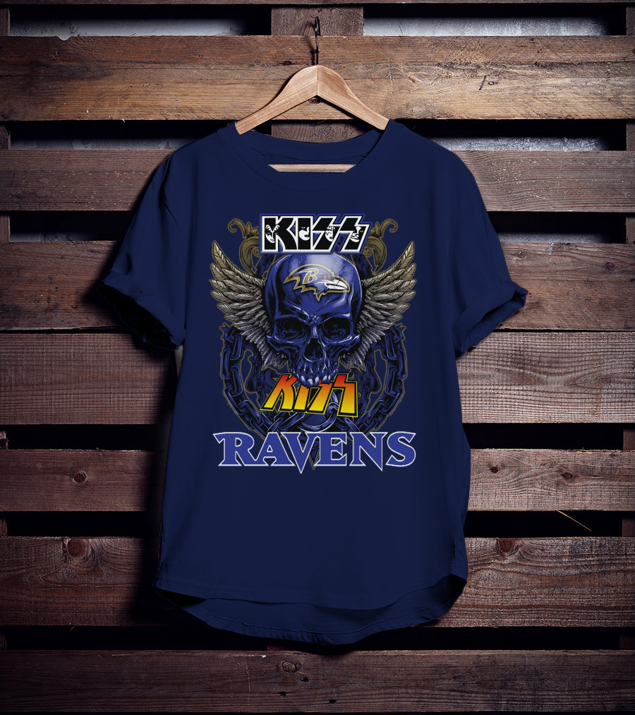 Kiss Ravens Baltimore Football Skull Wings T-Shirt