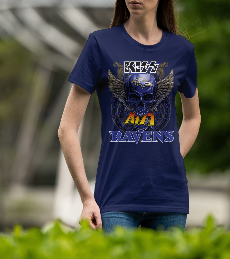 Kiss Ravens Baltimore Football Skull Wings T-Shirt