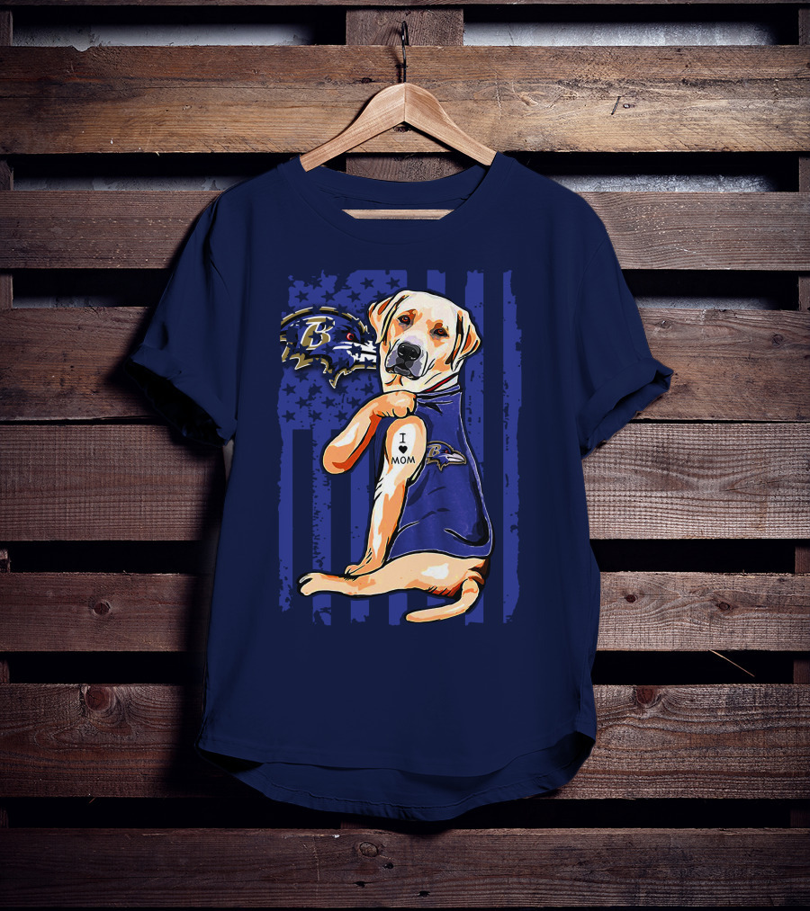 Labrador Retriever I Love Mom Baltimore Ravens Fan Dog With Tattoo And Team T-Shirt