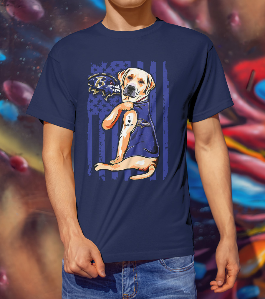 Labrador Retriever I Love Mom Baltimore Ravens Fan Dog With Tattoo And Team T-Shirt
