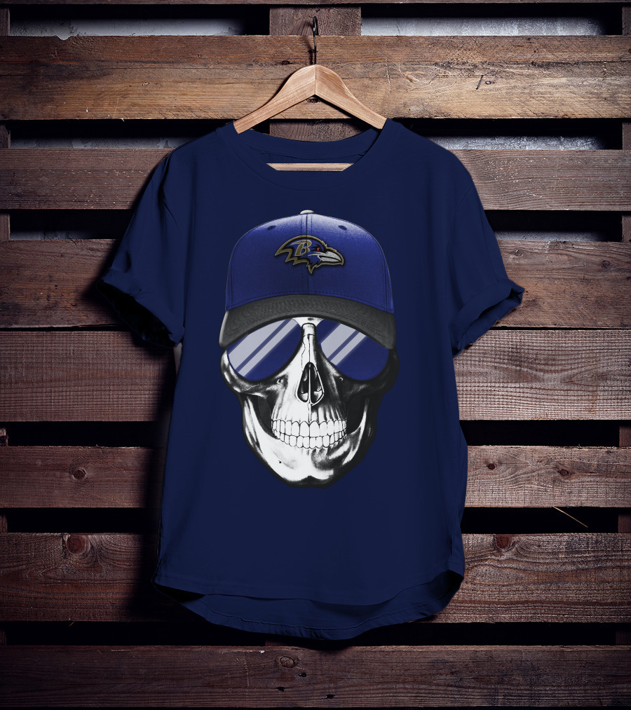 Skull With Baltimore Ravens Cap And Sunglasses T-Shirt