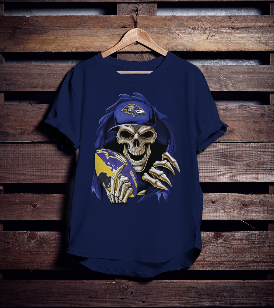 Skullbong Baltimore Ravens Skeleton With Football And Cap T-Shirt