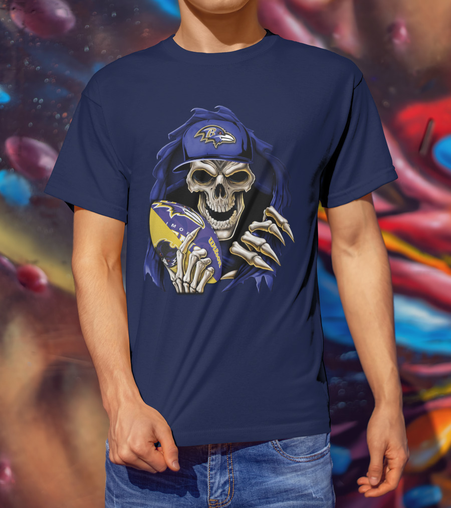 Skullbong Baltimore Ravens Skeleton With Football And Cap T-Shirt