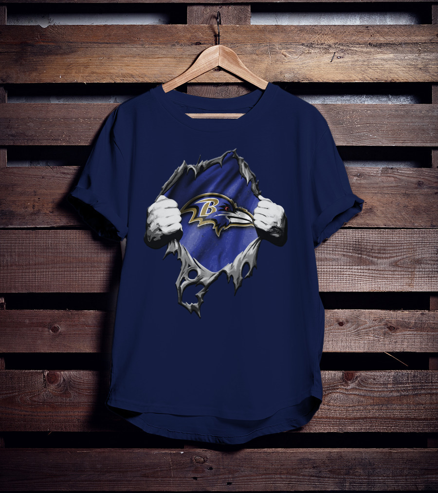 Torn V2 Baltimore Ravens Logo With Ripping Hands On Blue T-Shirt