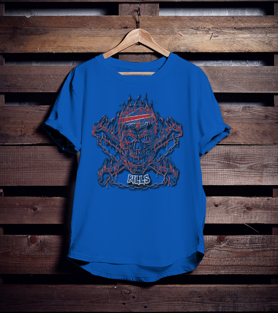 Buffalo Bills Flaming Skull Crossbones T-Shirt