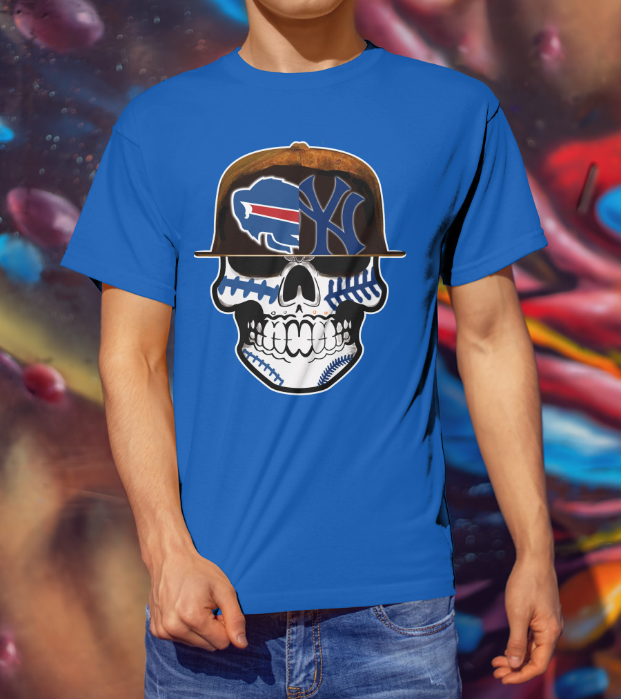 Buffalo Bills 75 Skull Design With Split Logo Yankees Cap T-Shirt