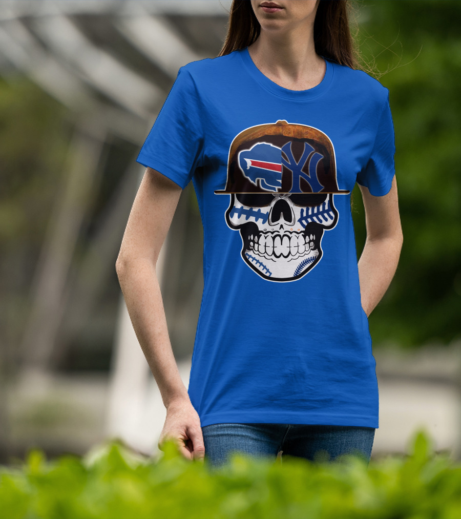 Buffalo Bills 75 Skull Design With Split Logo Yankees Cap T-Shirt