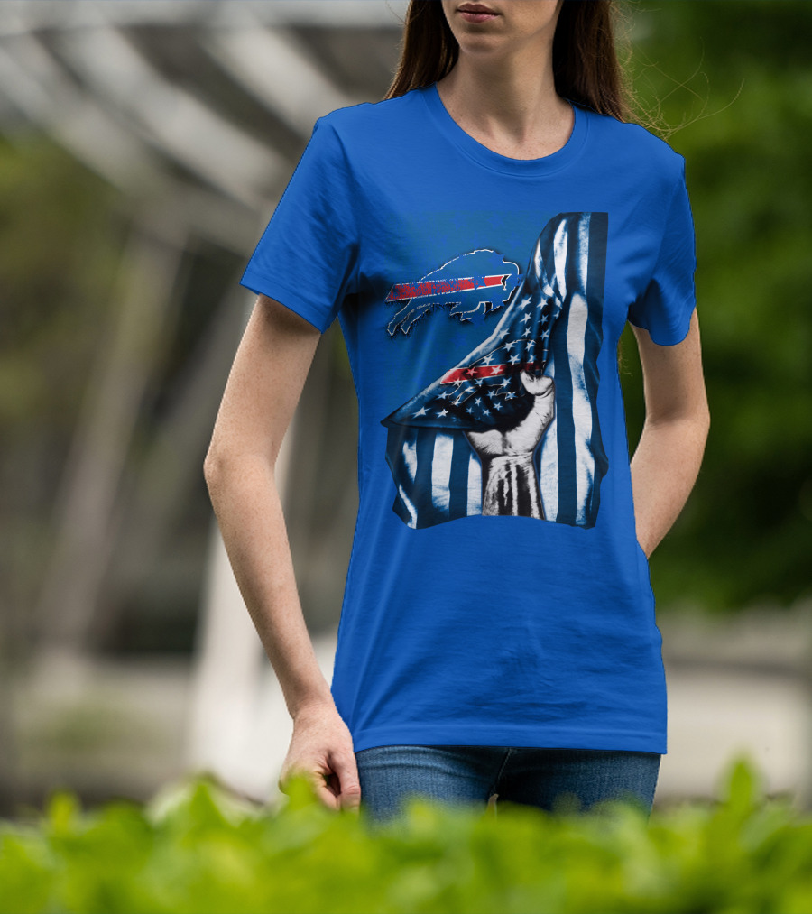 Buffalo Bills American Flag Blue Stripes Football Fan Fist T-Shirt