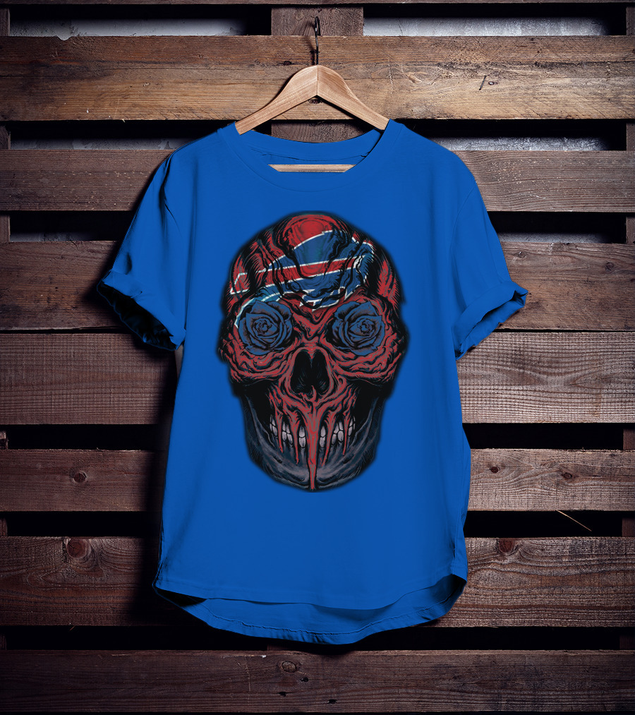 Buffalo Bills 34 Skull With Blue And Red Rose Eyes On Blue T-Shirt