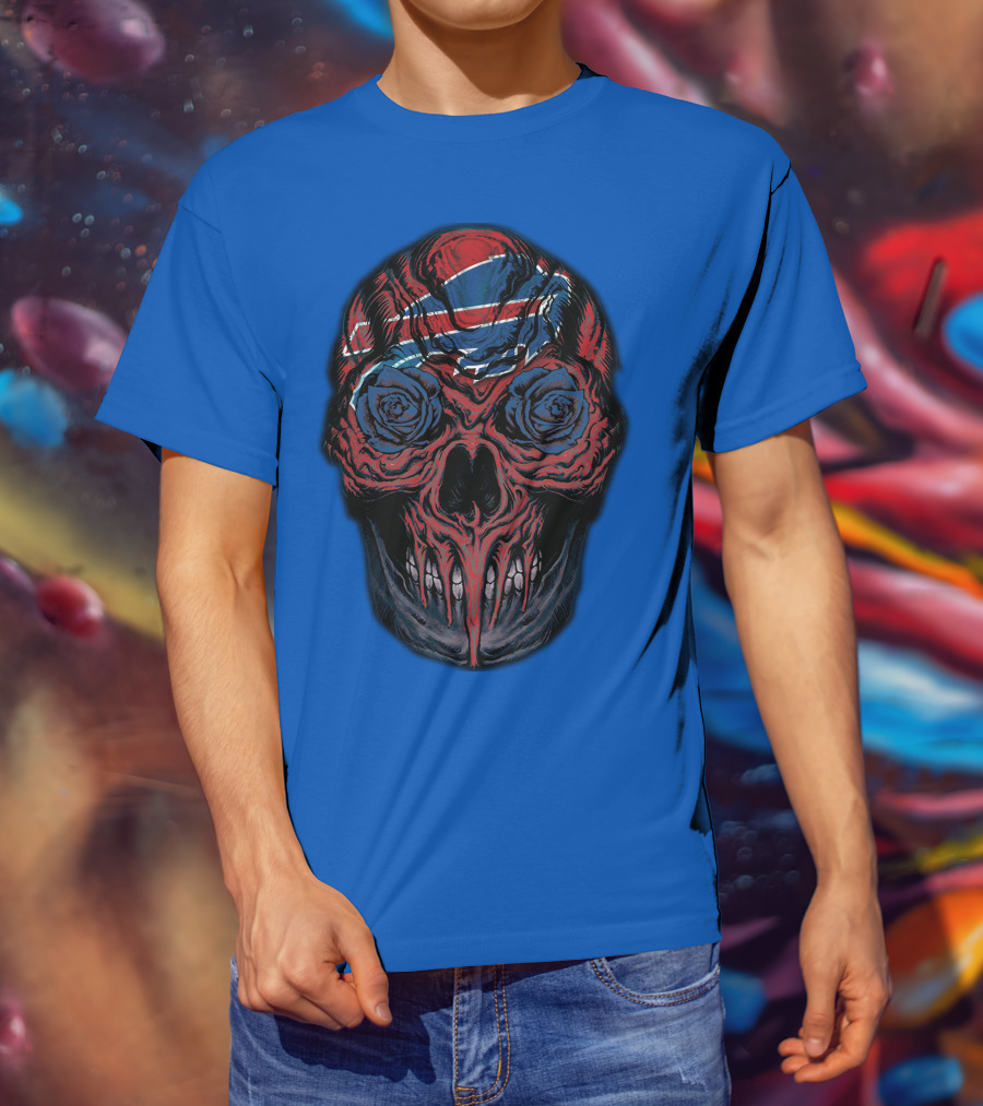 Buffalo Bills 34 Skull With Blue And Red Rose Eyes On Blue T-Shirt