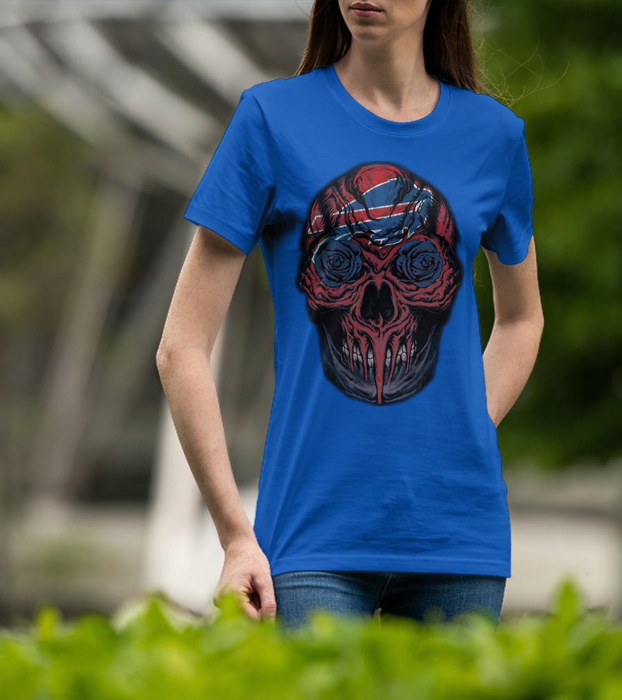 Buffalo Bills 34 Skull With Blue And Red Rose Eyes On Blue T-Shirt