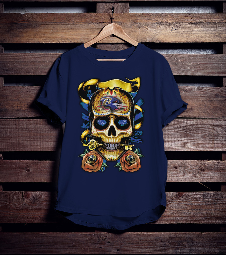 Baltimore Ravens Sugar Skull Art With Roses And Ribbon T-Shirt