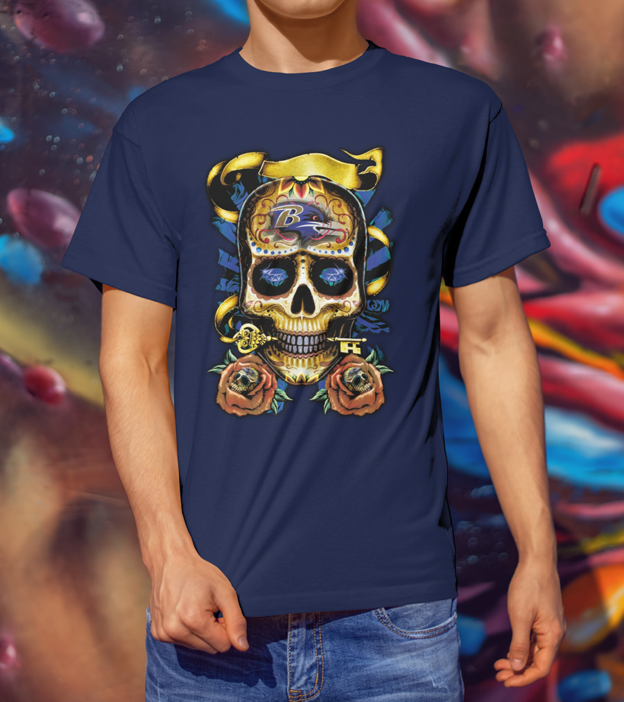 Baltimore Ravens Sugar Skull Art With Roses And Ribbon T-Shirt