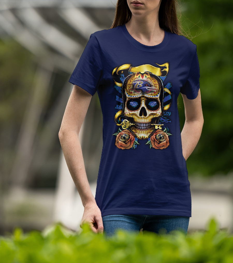 Baltimore Ravens Sugar Skull Art With Roses And Ribbon T-Shirt