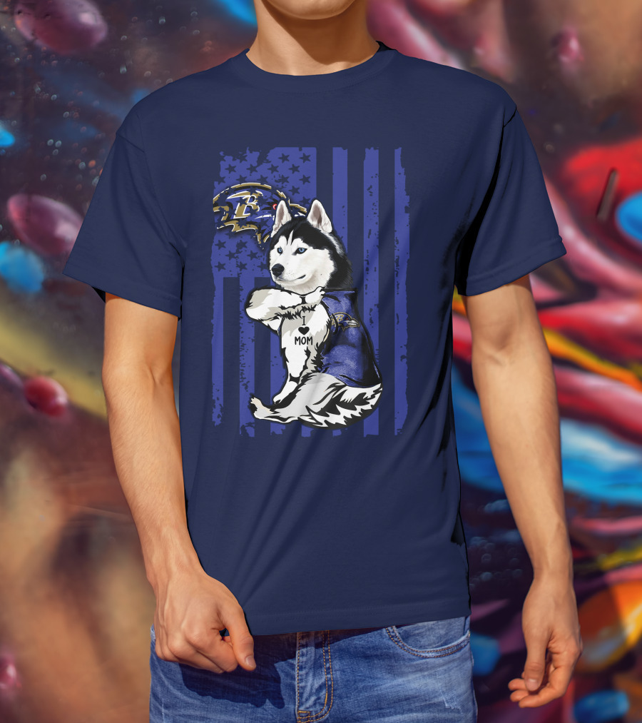 Siberian Husky Baltimore Ravens Mom Stars And Stripes T-Shirt