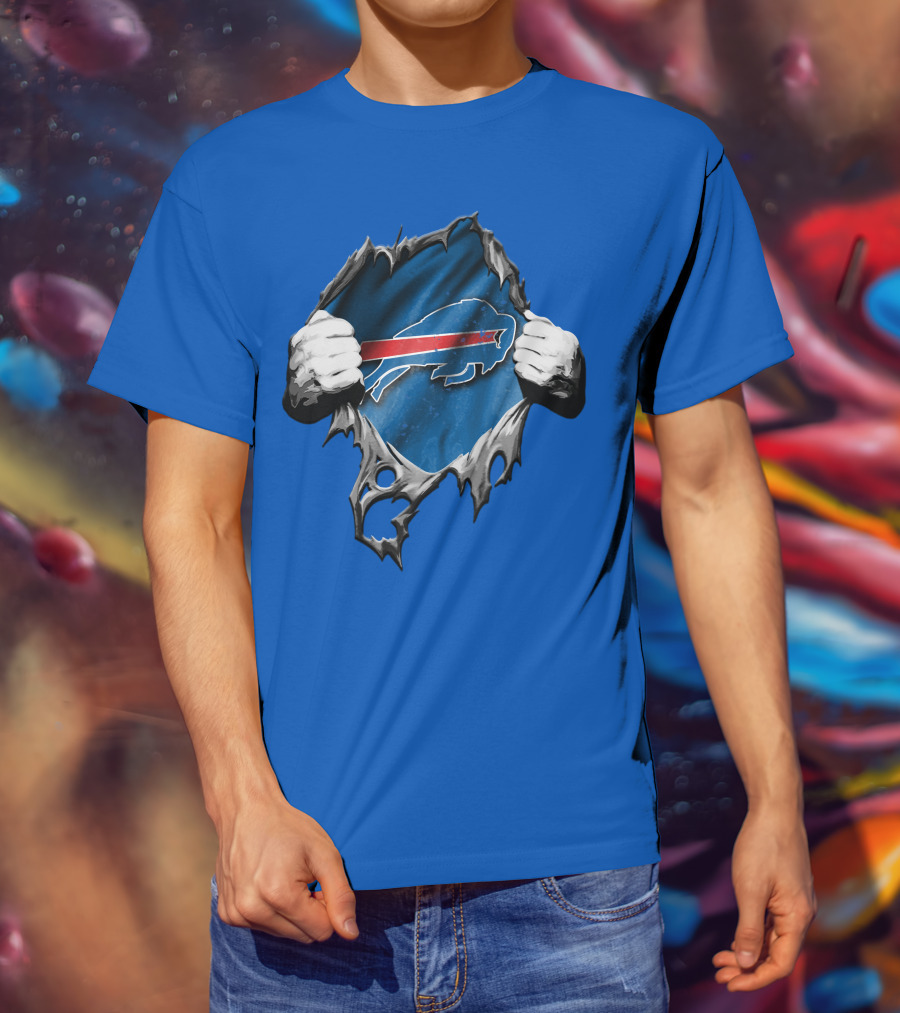 Torn Buffalo Bills Ripped Logo Hands Blue Background T-Shirt
