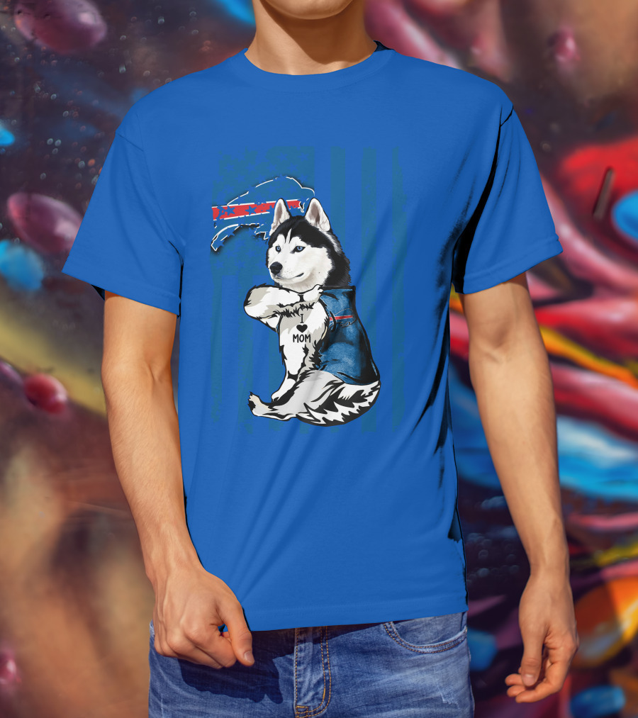 Siberian Husky Wearing Blue Buffalo Bills Vest With Heart Mom Tattoo And Flag T-Shirt