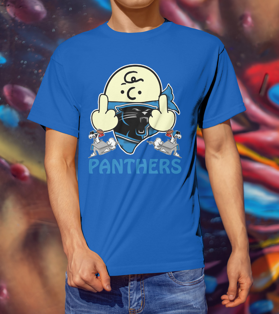 Carolina Panthers Bold Cartoon Character With Snoopy Imagery Middle Finger Salute T-Shirt