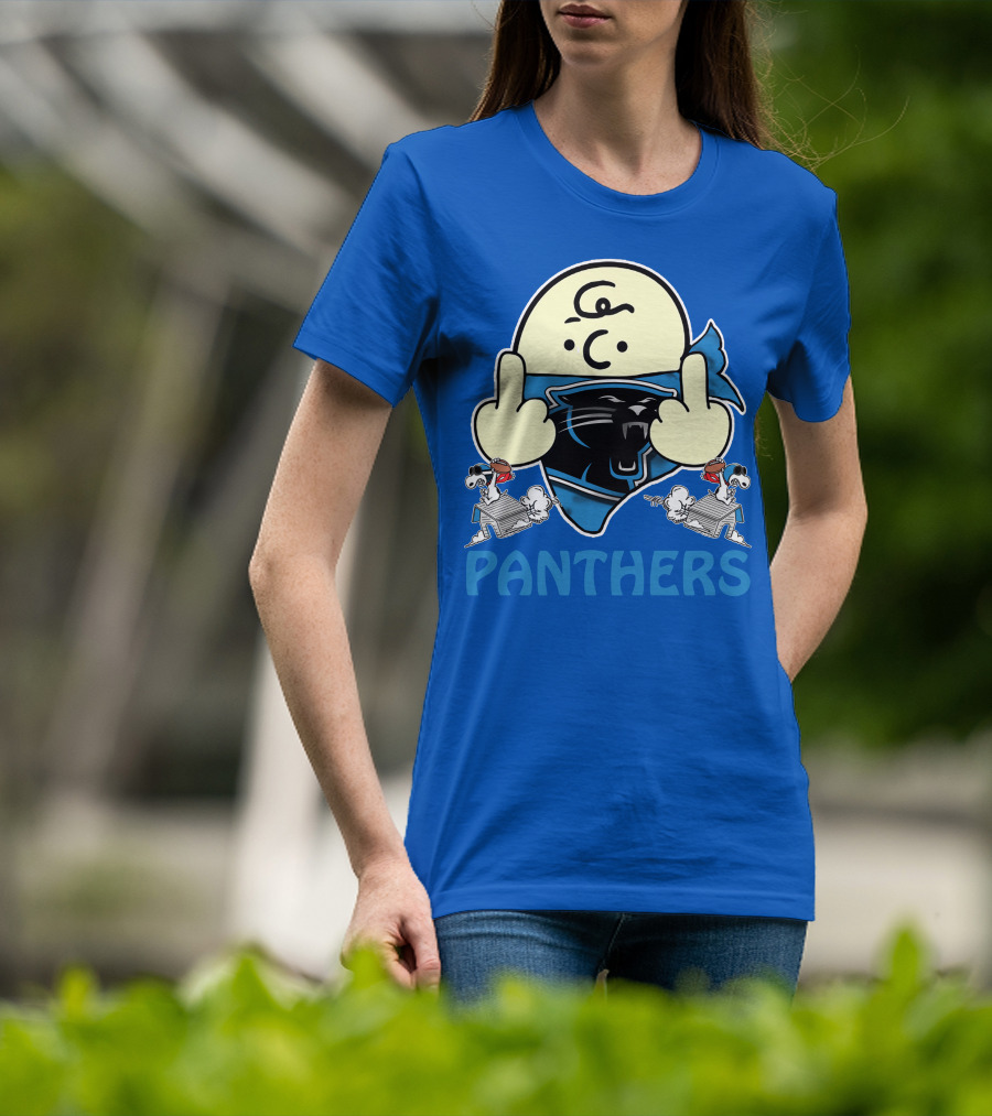 Carolina Panthers Bold Cartoon Character With Snoopy Imagery Middle Finger Salute T-Shirt