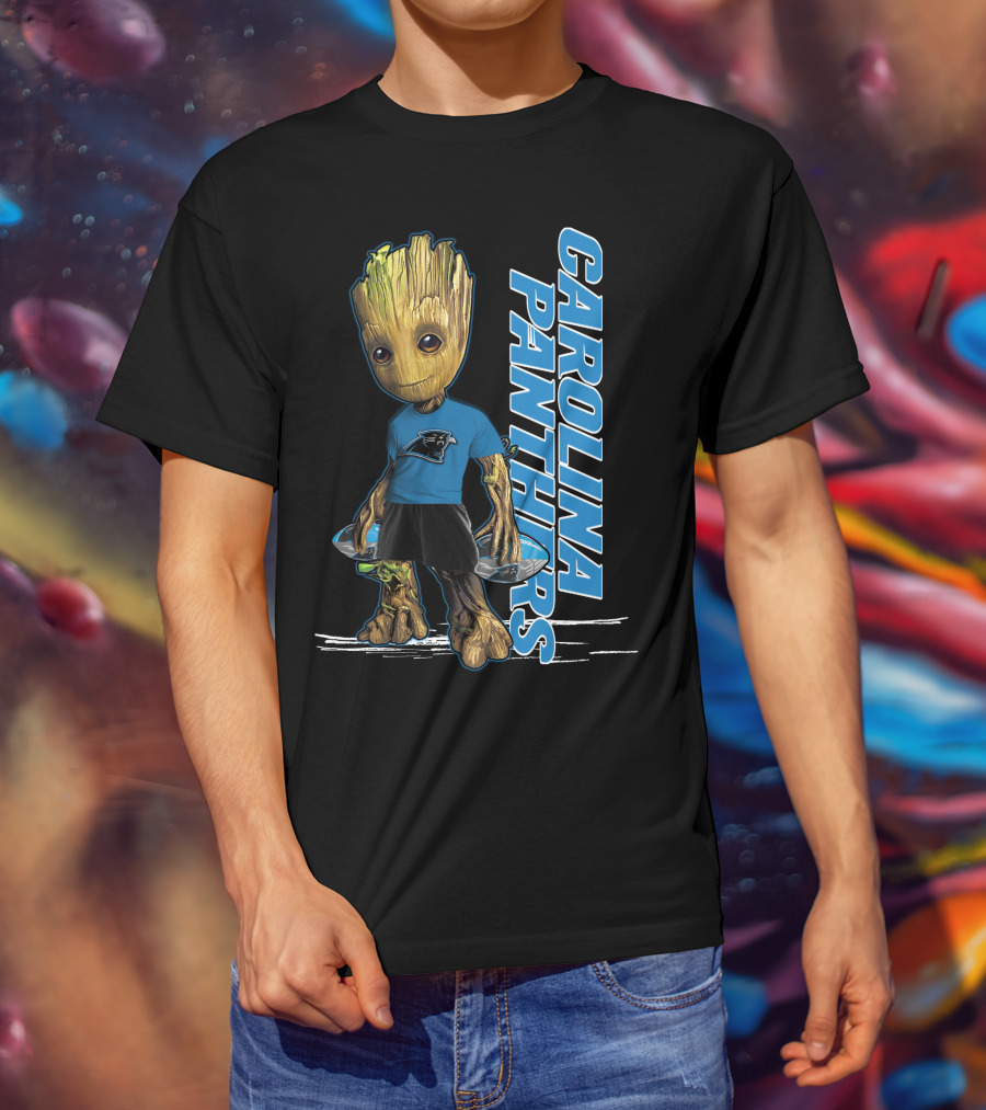 Groot Carolina Panthers Fan With Carolina Panthers Logo And Team T-Shirt
