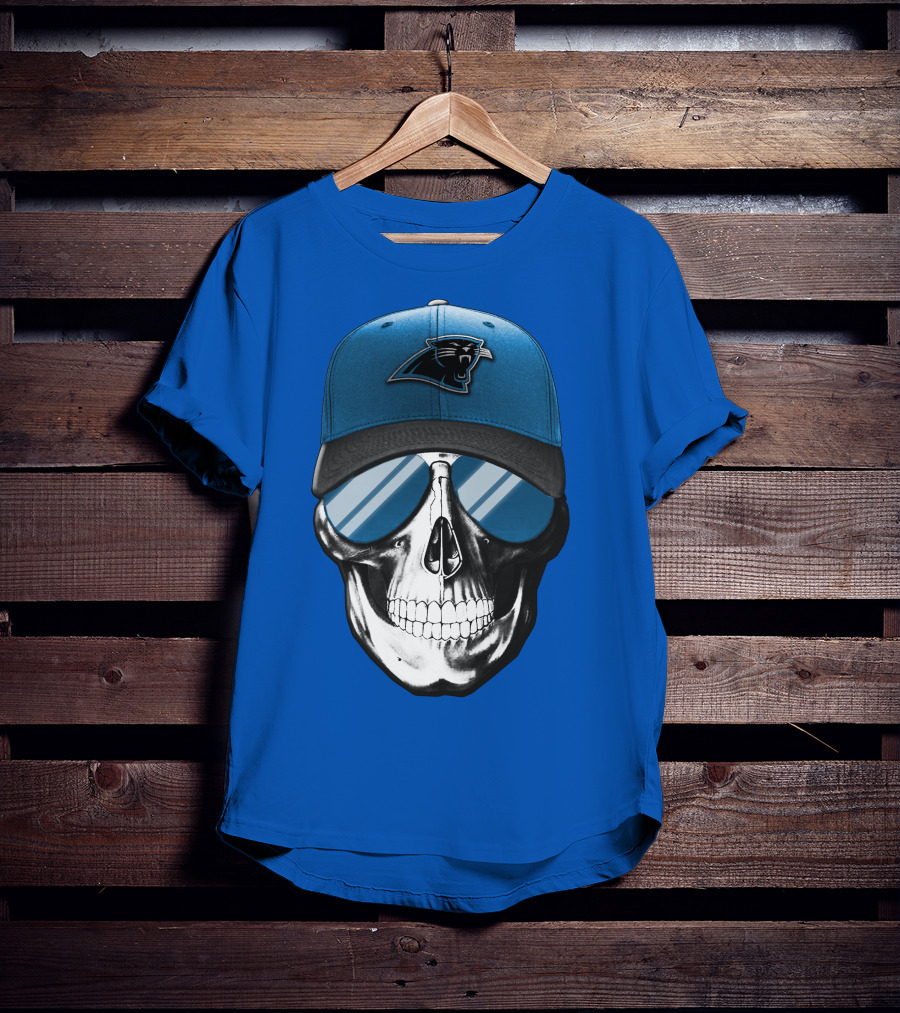 Skull Wearing Carolina Panthers Logo Hat With Reflective Sunglasses T-Shirt