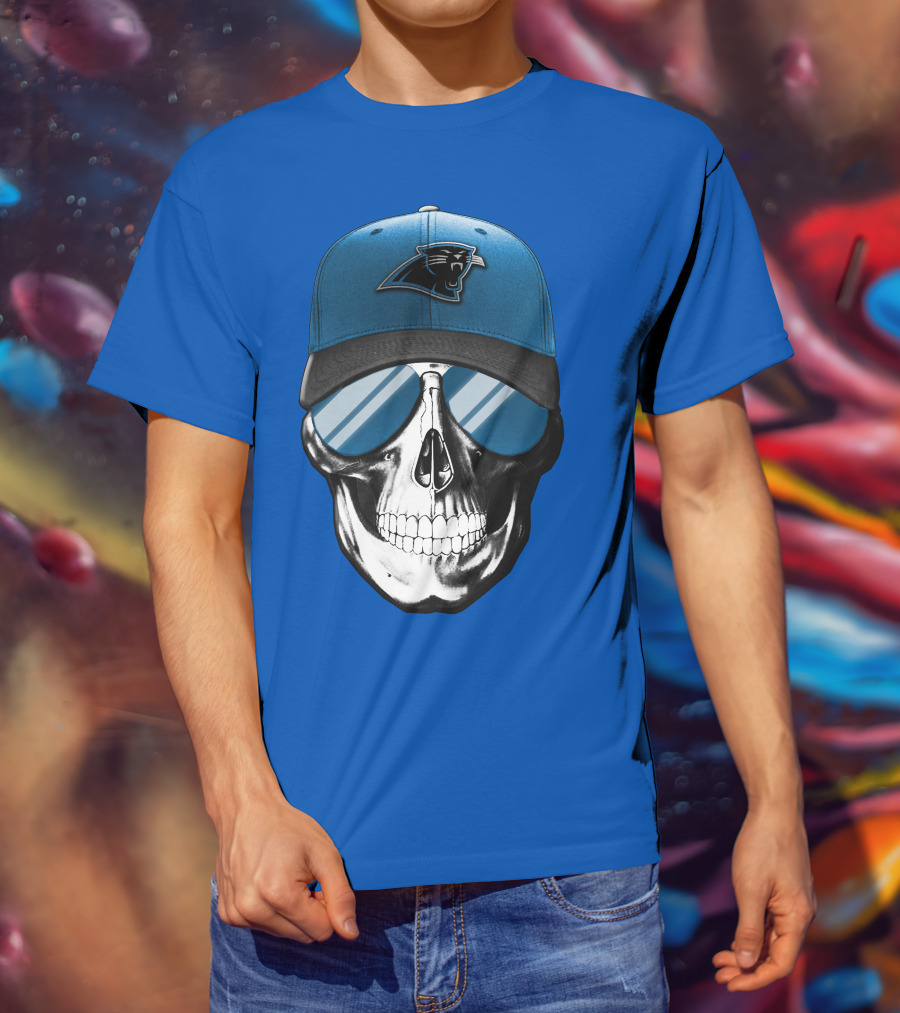 Skull Wearing Carolina Panthers Logo Hat With Reflective Sunglasses T-Shirt