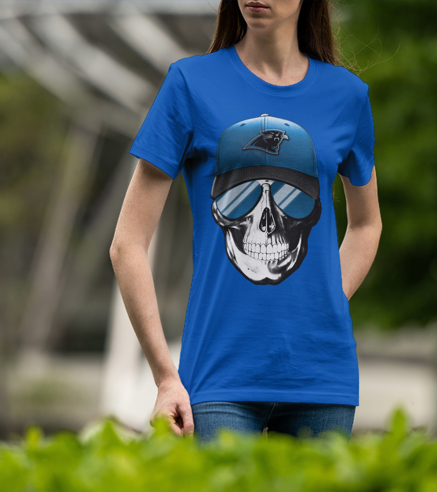Skull Wearing Carolina Panthers Logo Hat With Reflective Sunglasses T-Shirt