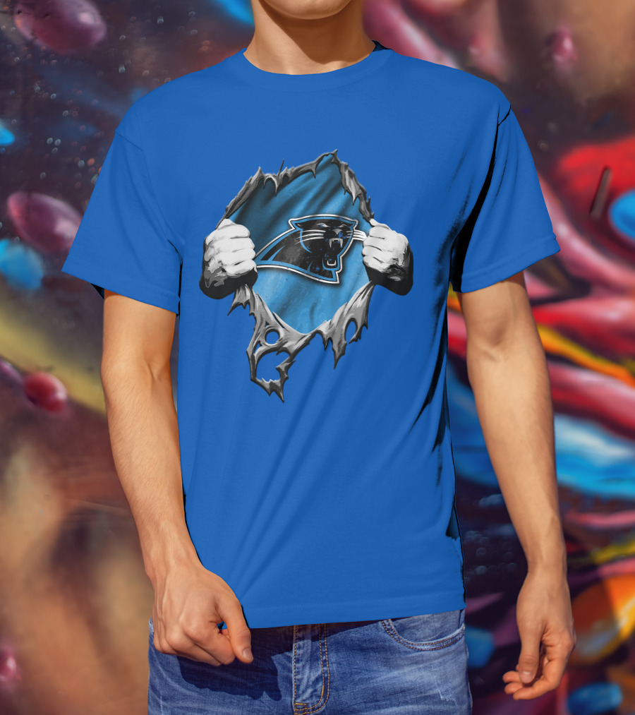 Torn Carolina Panthers Logo With Ripped Fabric And Clenched Hands T-Shirt