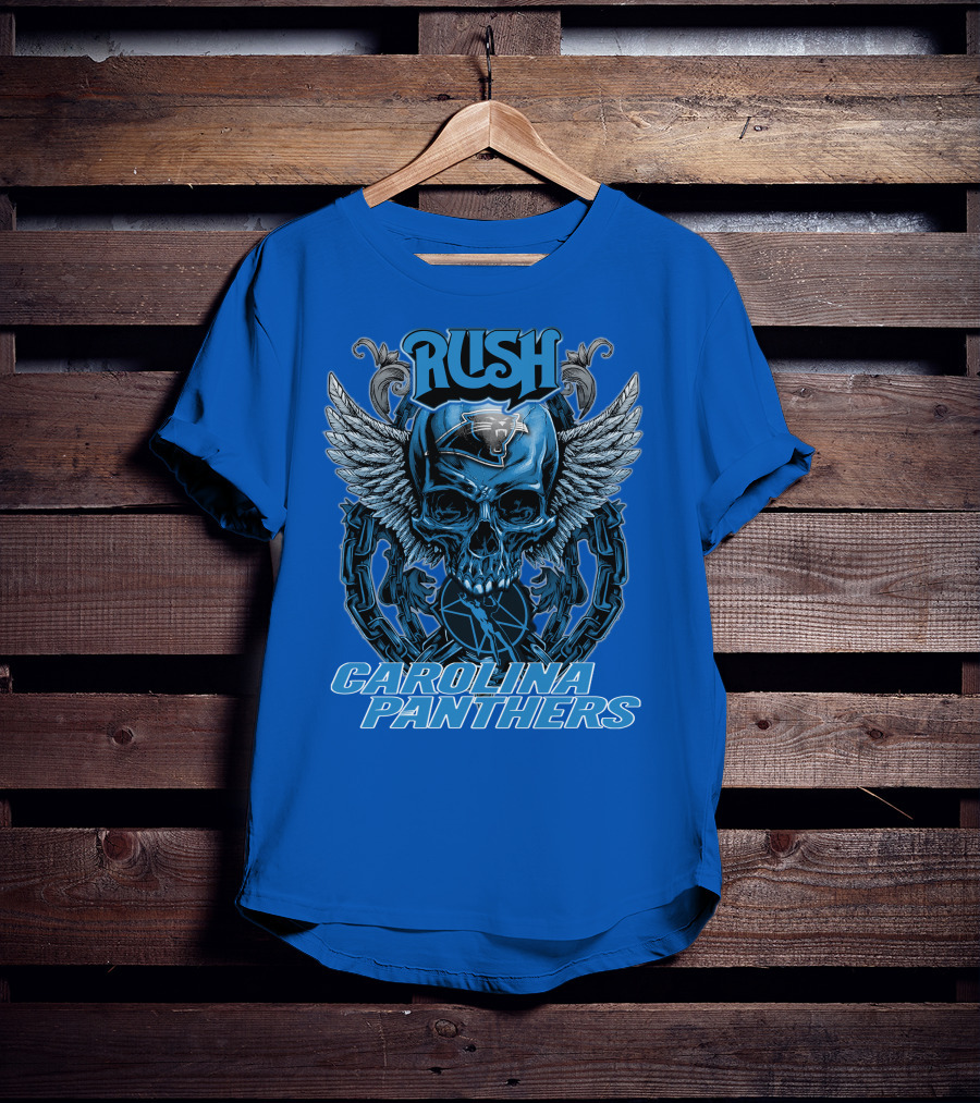 RUSH CAROLINA PANTHERS Skull Wings Helmet Chain T-Shirt