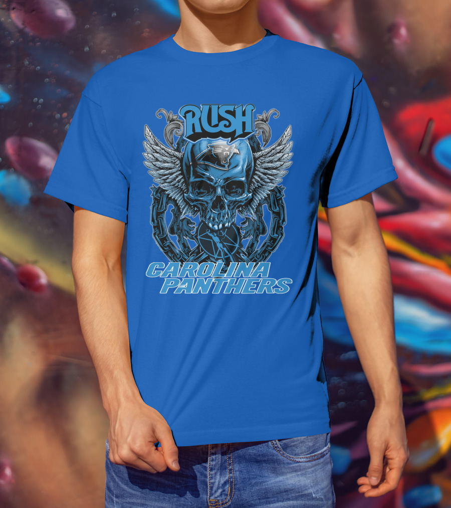 RUSH CAROLINA PANTHERS Skull Wings Helmet Chain T-Shirt
