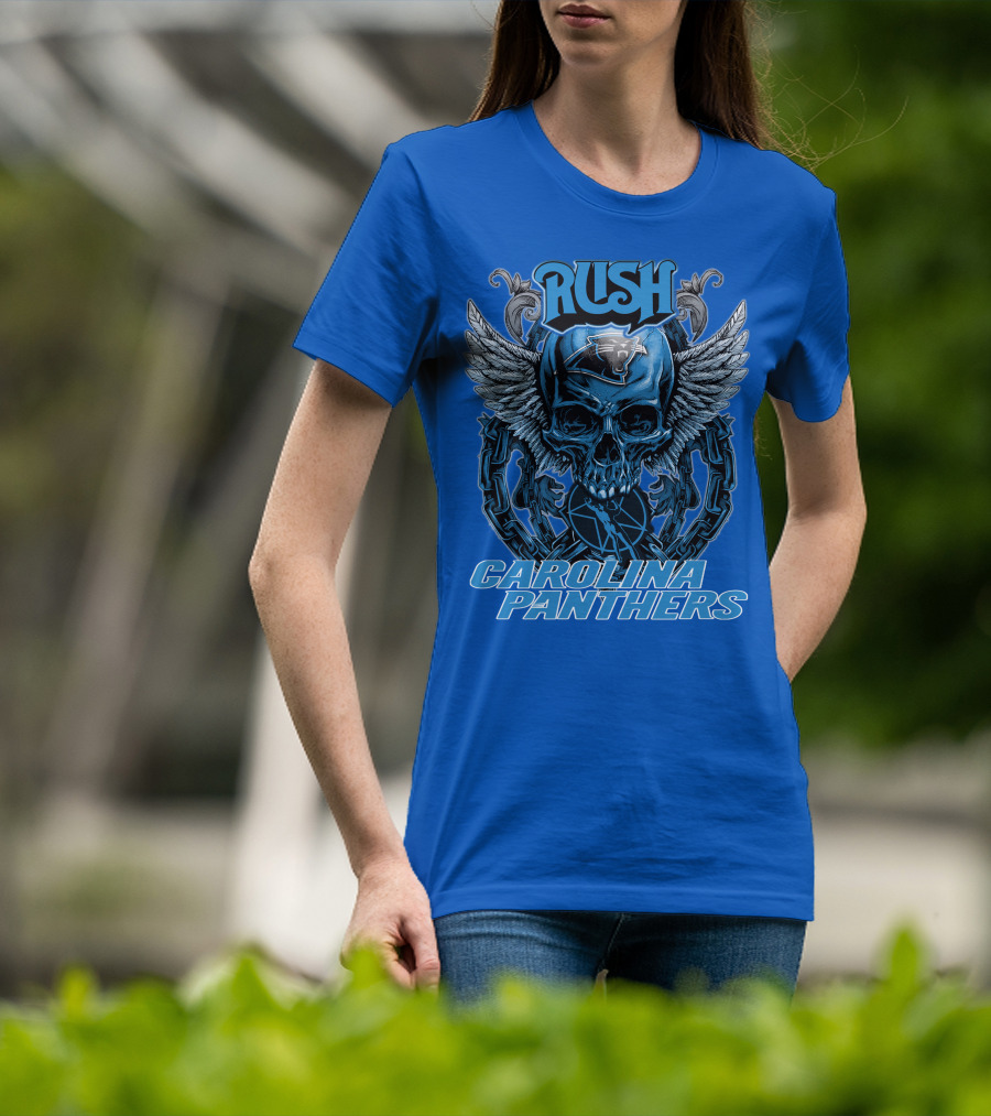RUSH CAROLINA PANTHERS Skull Wings Helmet Chain T-Shirt