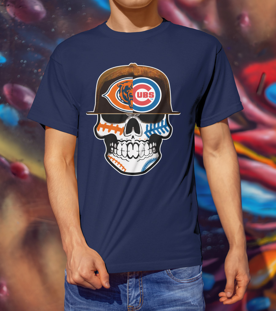 Chicago Bears Cubs Skull Cap Dual Logo Fusion T-Shirt
