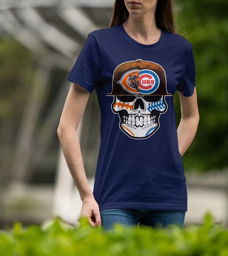 Chicago Bears Cubs Skull Cap Dual Logo Fusion T-Shirt