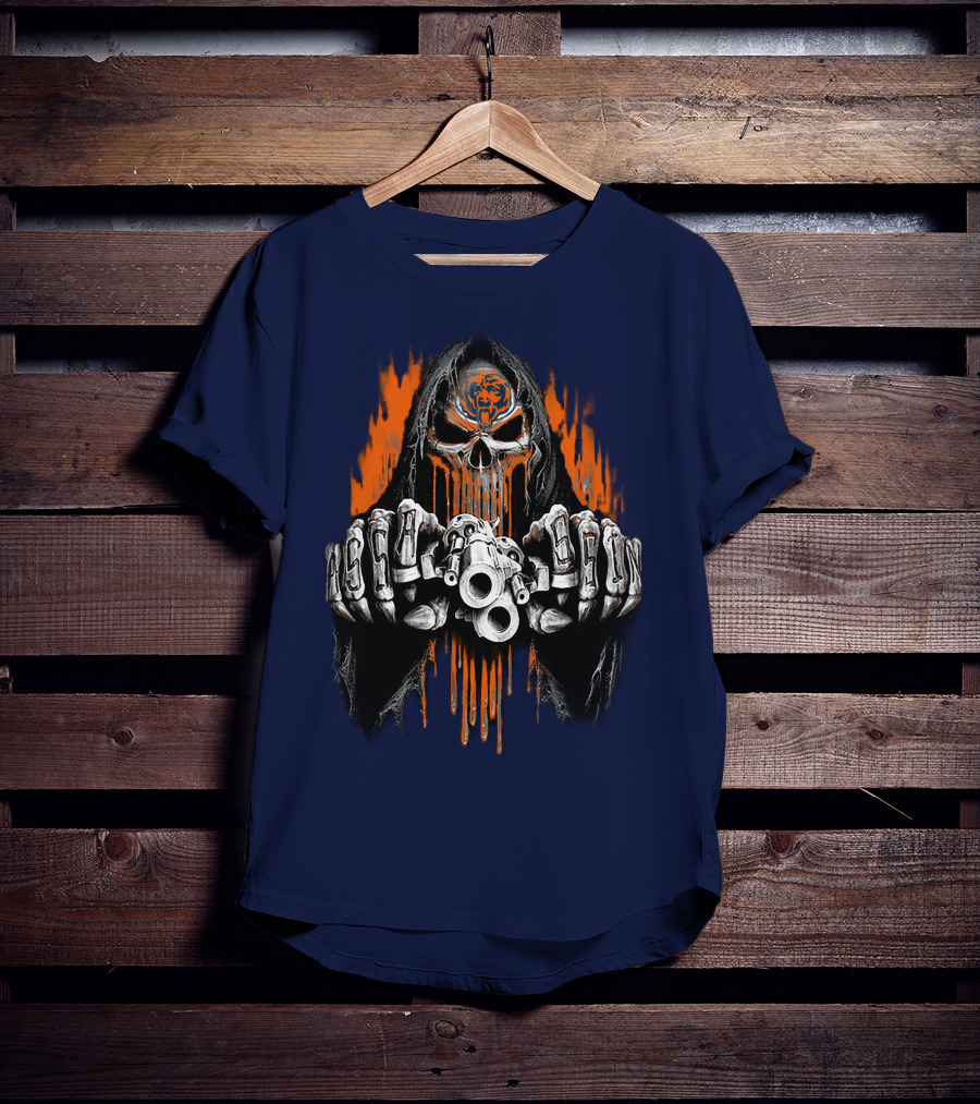 Chicago Bears Grim Reaper Skull With Orange Flames And Skull Knuckles T-Shirt