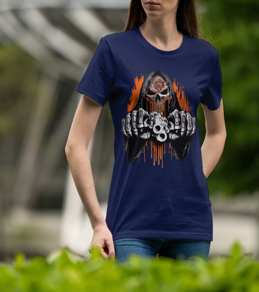 Chicago Bears Grim Reaper Skull With Orange Flames And Skull Knuckles T-Shirt
