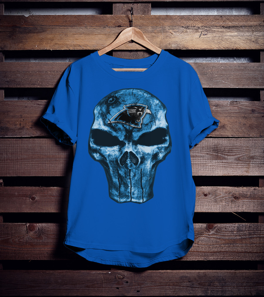 Skull With Carolina Panthers Emblem On Blue T-Shirt