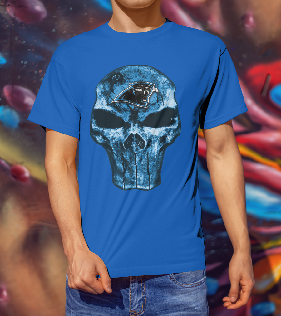 Skull With Carolina Panthers Emblem On Blue T-Shirt