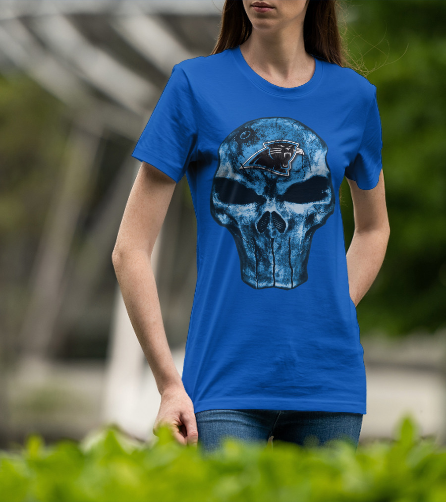 Skull With Carolina Panthers Emblem On Blue T-Shirt